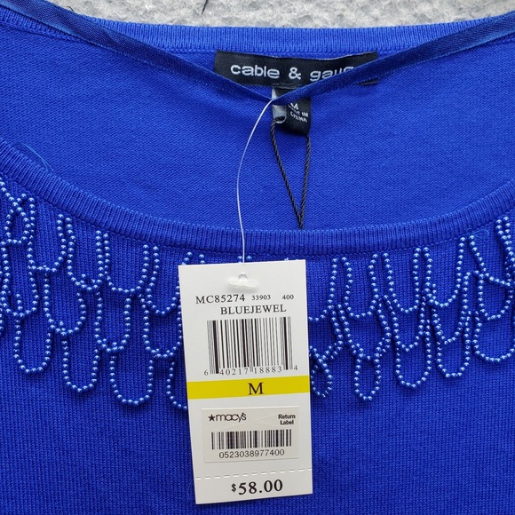 Cable & Gauge Sweater Womens Medium Royal Blue Jewel Beaded Knitted Slim Fit - Picture 4 of 8